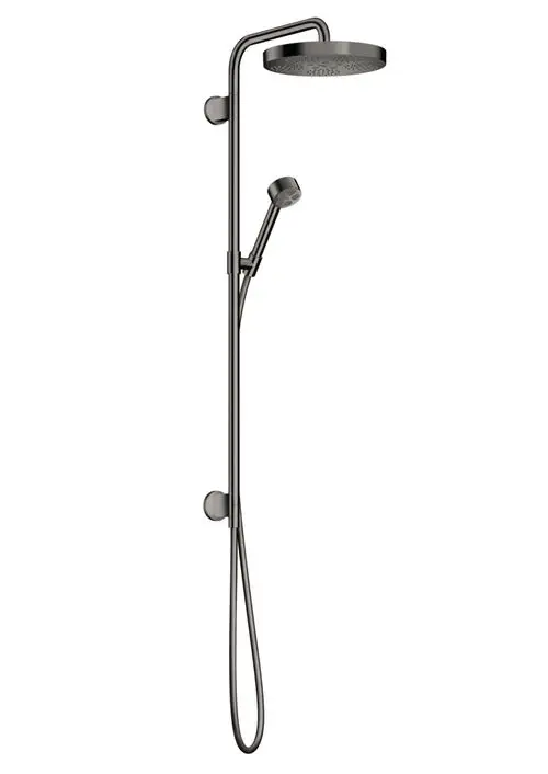 Schwarze Duscharmatur mit overhead Regenduschkopf und Handbrause, an einer senkrechten Stange montiert, ein modernes Design für das Badezimmer.